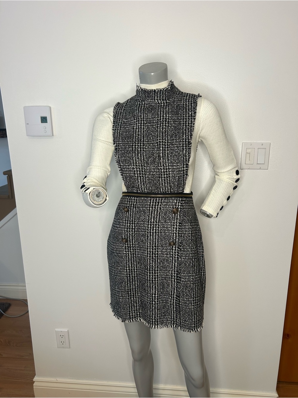Ivory Knit-Sleeve Black & White Tweed Mini Dress
